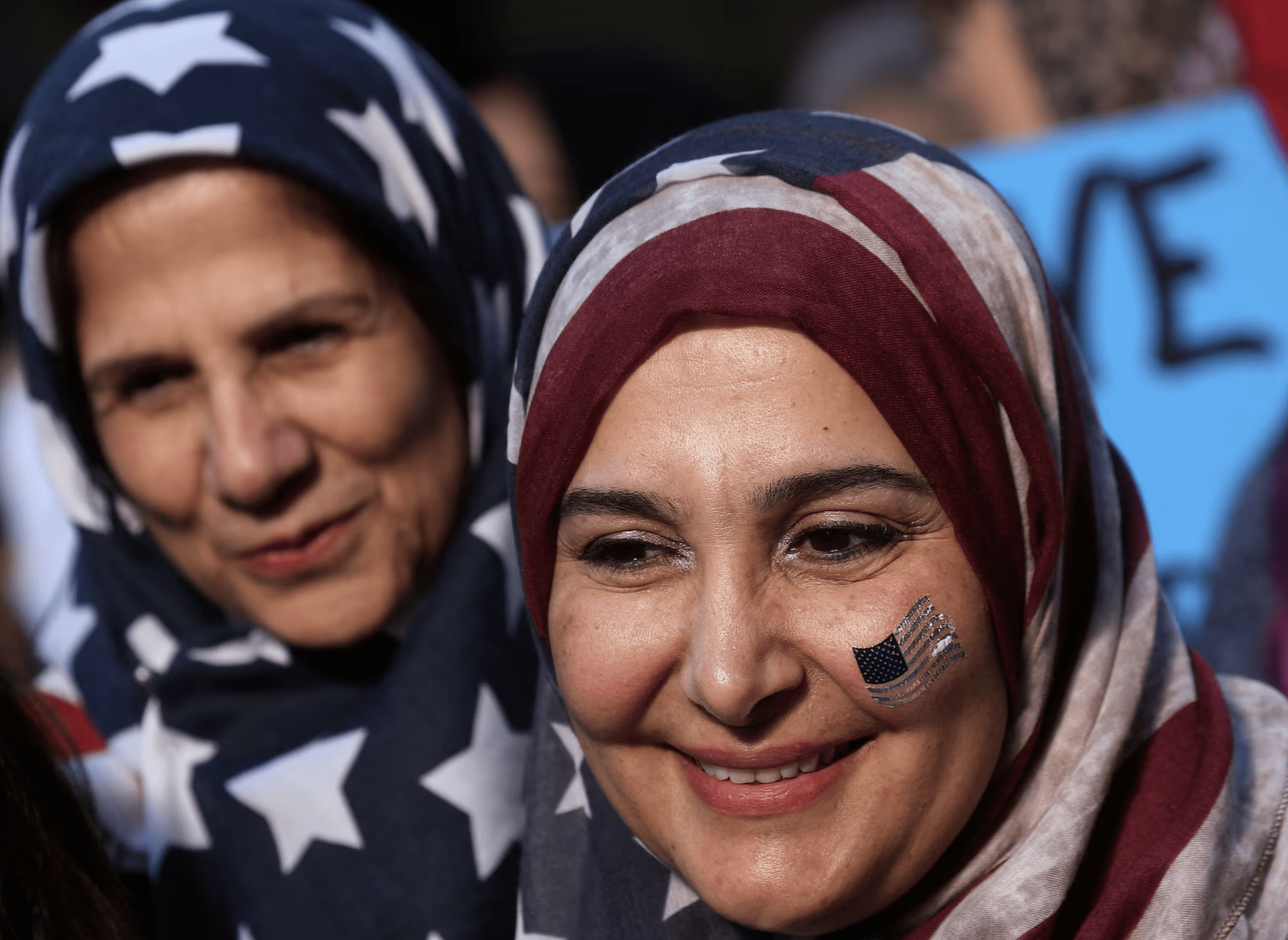 Women wearing U.S. flag hijabs are pictured during an 